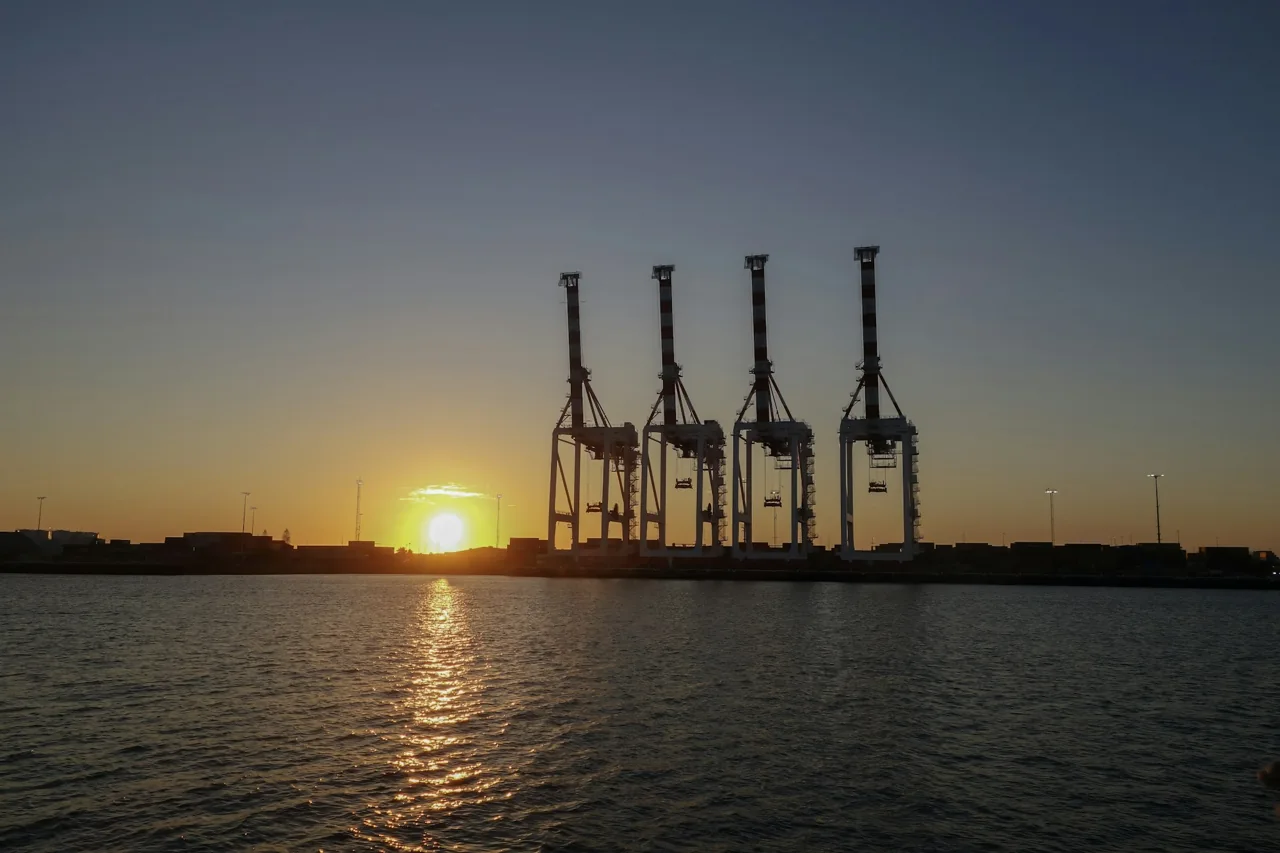 Container port cranes and maritime operations at sunset